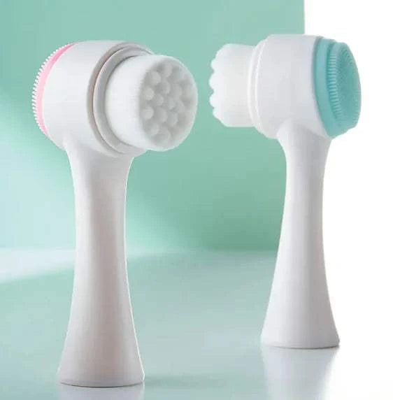 Dual-sided facial cleansing brushes with soft bristles and silicone massage heads for effective skin cleansing and exfoliation.