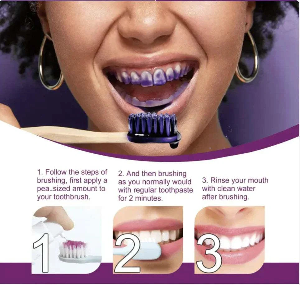 Lavender Smile Whitening Toothpaste purple cream on toothbrush with step-by-step brushing instructions and smiling woman