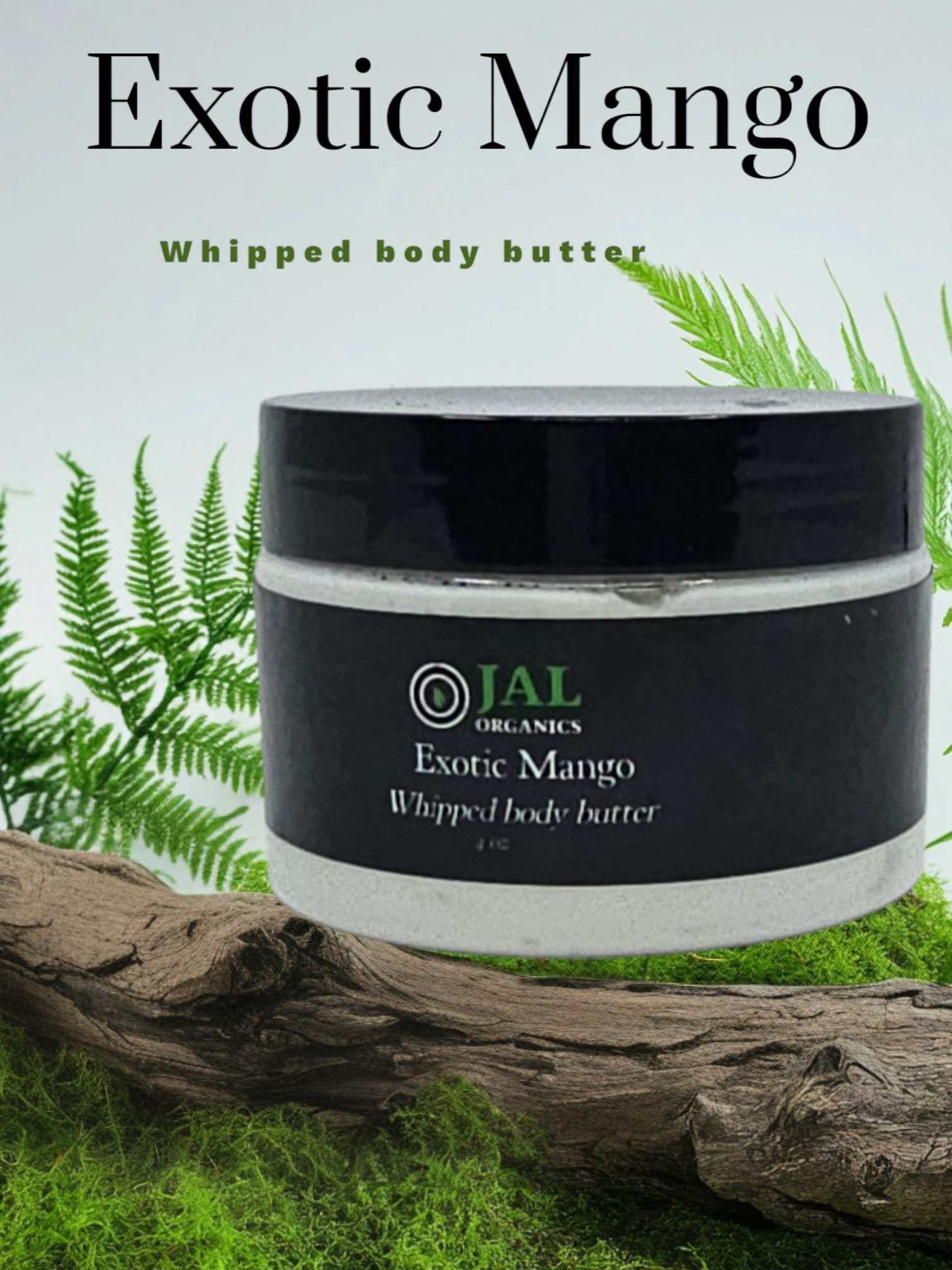 Exotic Mango Whipped Body Butter jar with tropical background.