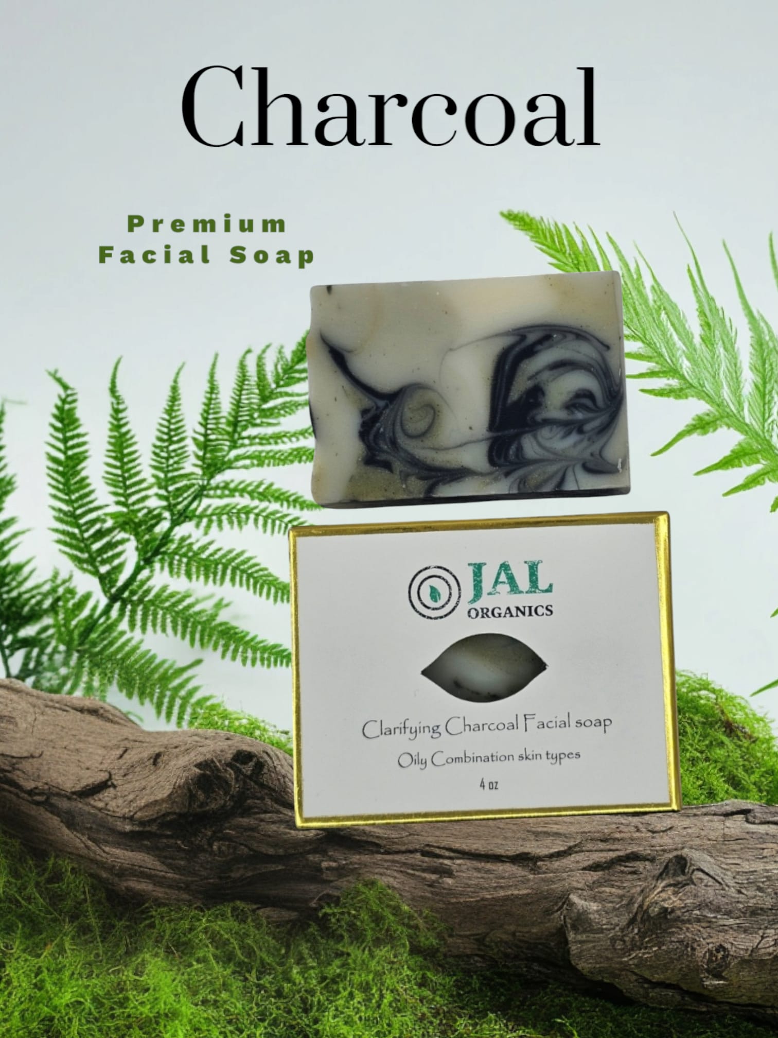 Clarifying Charcoal Facial Soap by Jal Organics, featuring natural ingredients and detoxifying properties, ideal for oily and combination skin types, 4oz.
