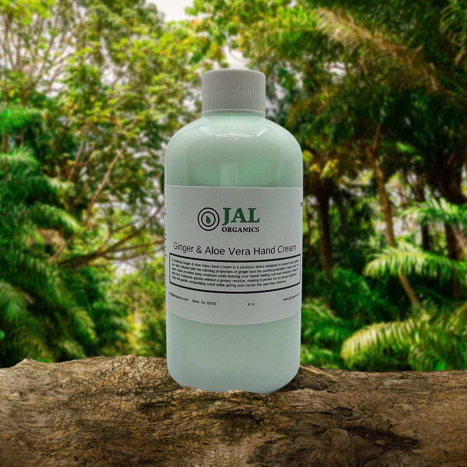 8 oz refill ginger & aloe vera hand cream with natural ingredients in eco-friendly bottle.