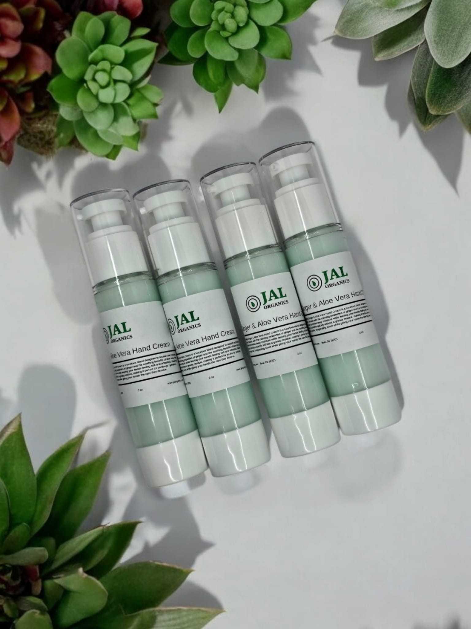 Ginger & Aloe Vera hand cream bottles surrounded by green succulents.