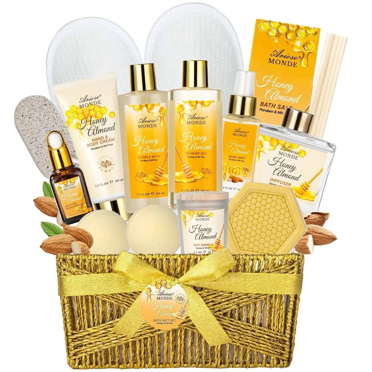 Luxury Honey Almond Bath & Body Gift Set with 15 spa essentials in decorative basket