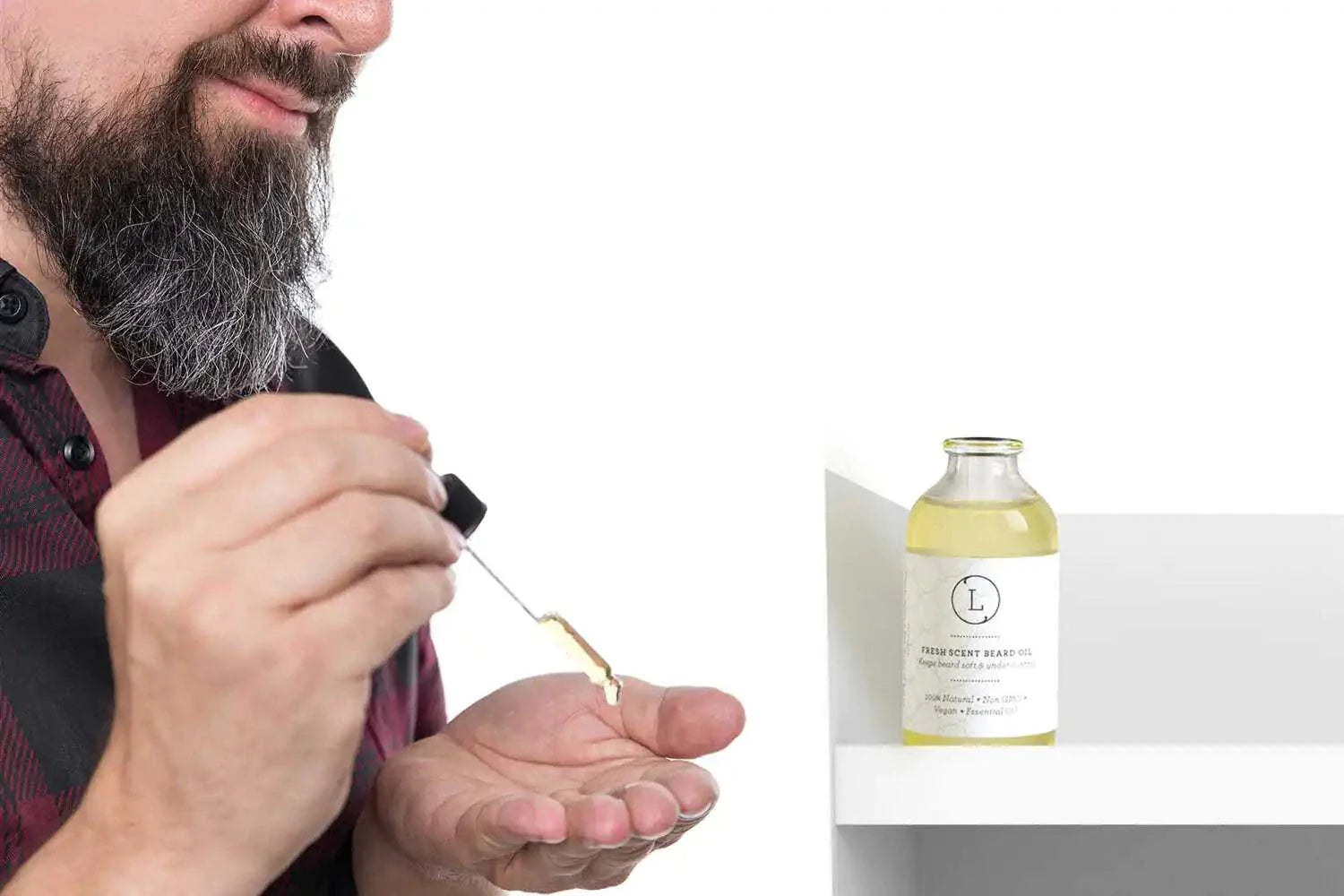Man applying Pure Blend Beard Nourishment Oil with dropper for soft, nourished beard