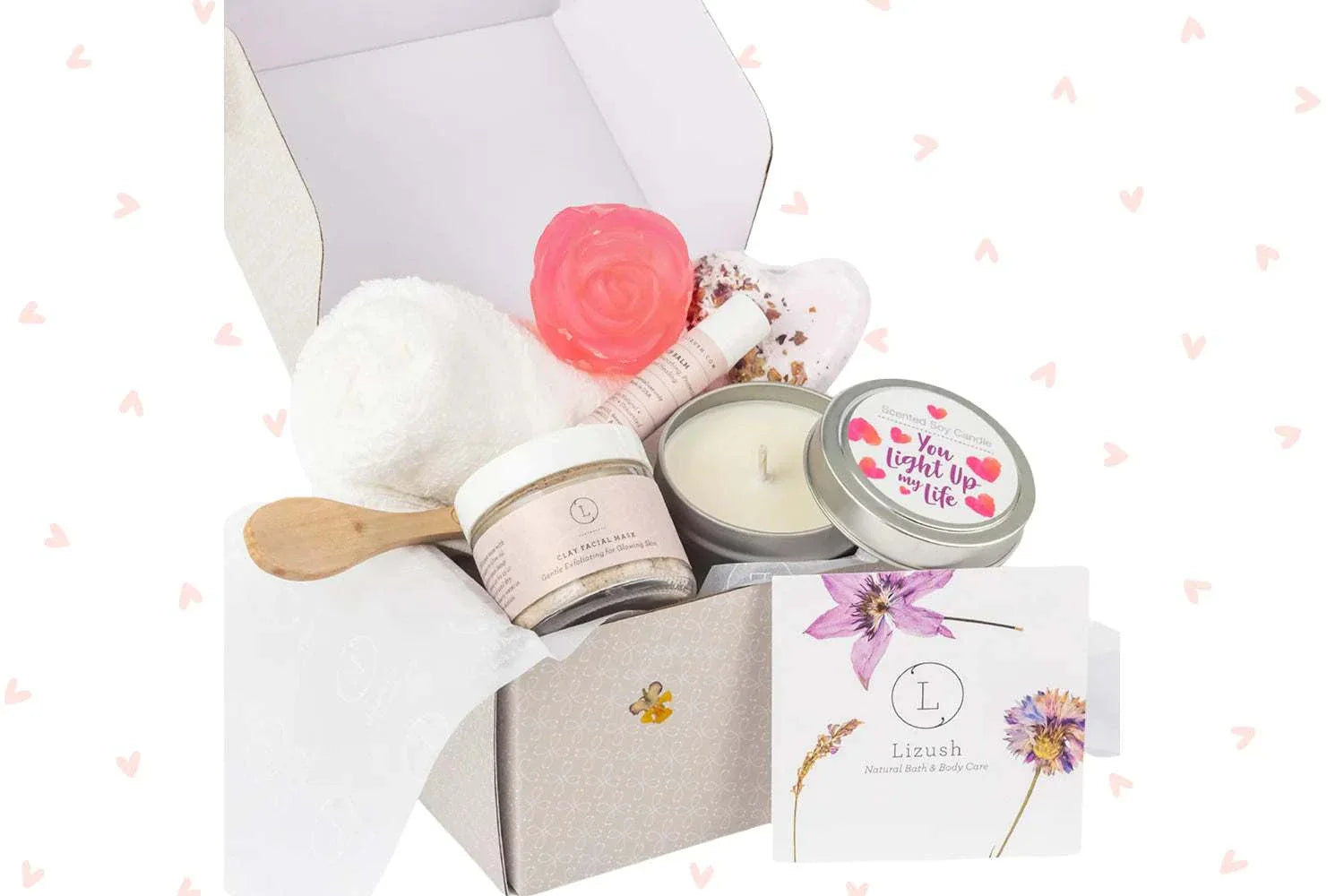 Cherish Skincare Luxury Gift Box for Her with natural bath set including clay mask, lavender bath bomb, soy candle, lip balm, soap, cotton towel, and personalized box