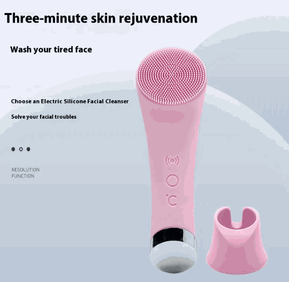 Vibrating Silicone Skin Brush with soft silicone bristles, vibration and heating technology for deep cleansing and gentle skin massage.