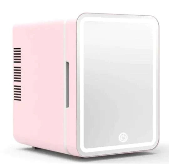 Glow Cooler Mini Fridge in pink with built-in LED light and mirror for skincare storage