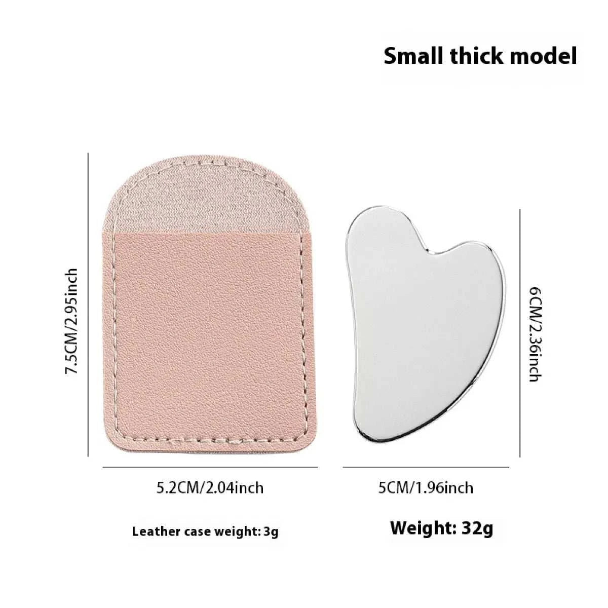 Heart-shaped stainless steel Gua Sha tool with protective leather case, ergonomic design, promotes circulation and muscle relaxation.