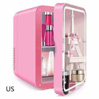 Portable pink cross-border beauty fridge for skincare, 8-liter capacity, front view.