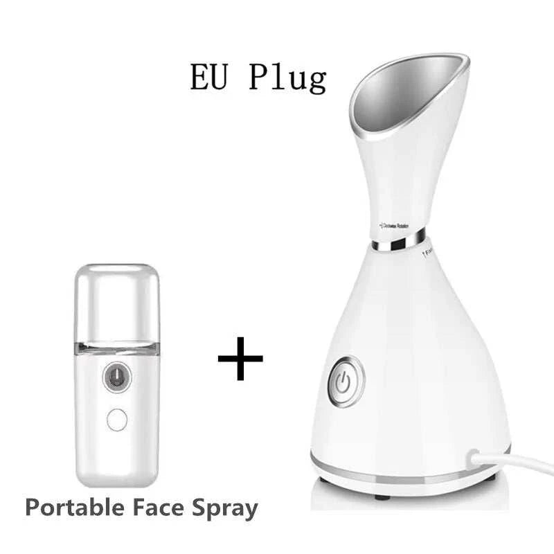 Face Steamer SPA Facial Humidifier Vaporizer with EU plug and portable face spray attachment.
