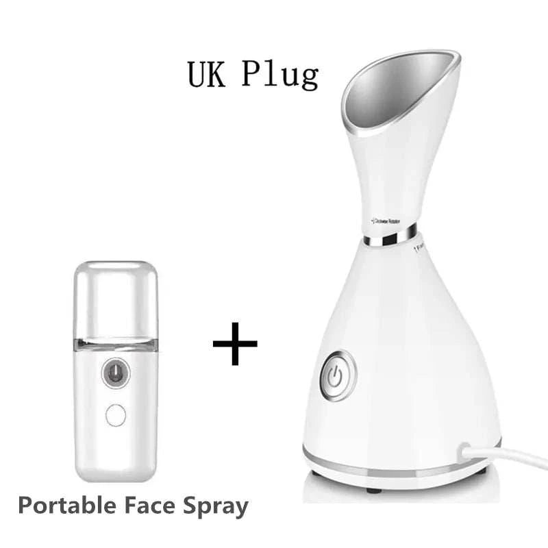 Face Steamer SPA Facial Humidifier Vaporizer with UK plug and portable face spray for skincare.