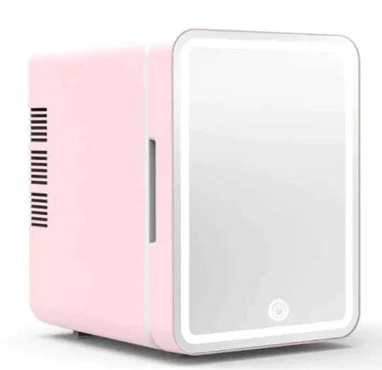 Glow Cooler Mini Fridge pink compact beauty fridge with LED light and mirror for skincare storage