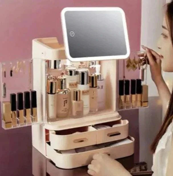 Desktop cosmetic storage box with built-in LED mirror and large capacity for beauty products.