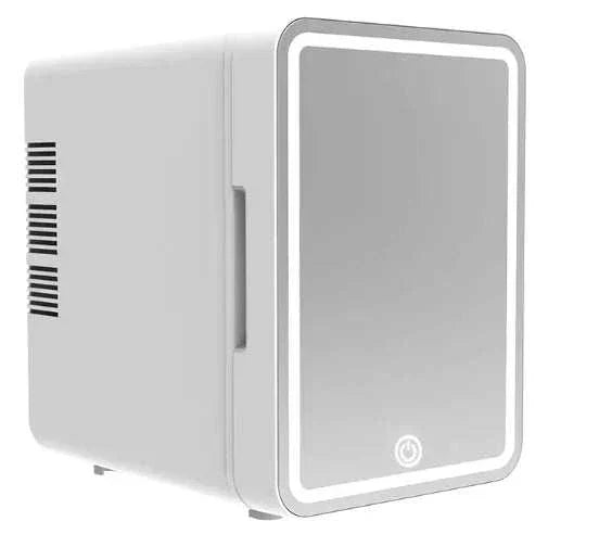 Glow Cooler Mini Fridge compact beauty fridge with LED light and mirrored door in white color