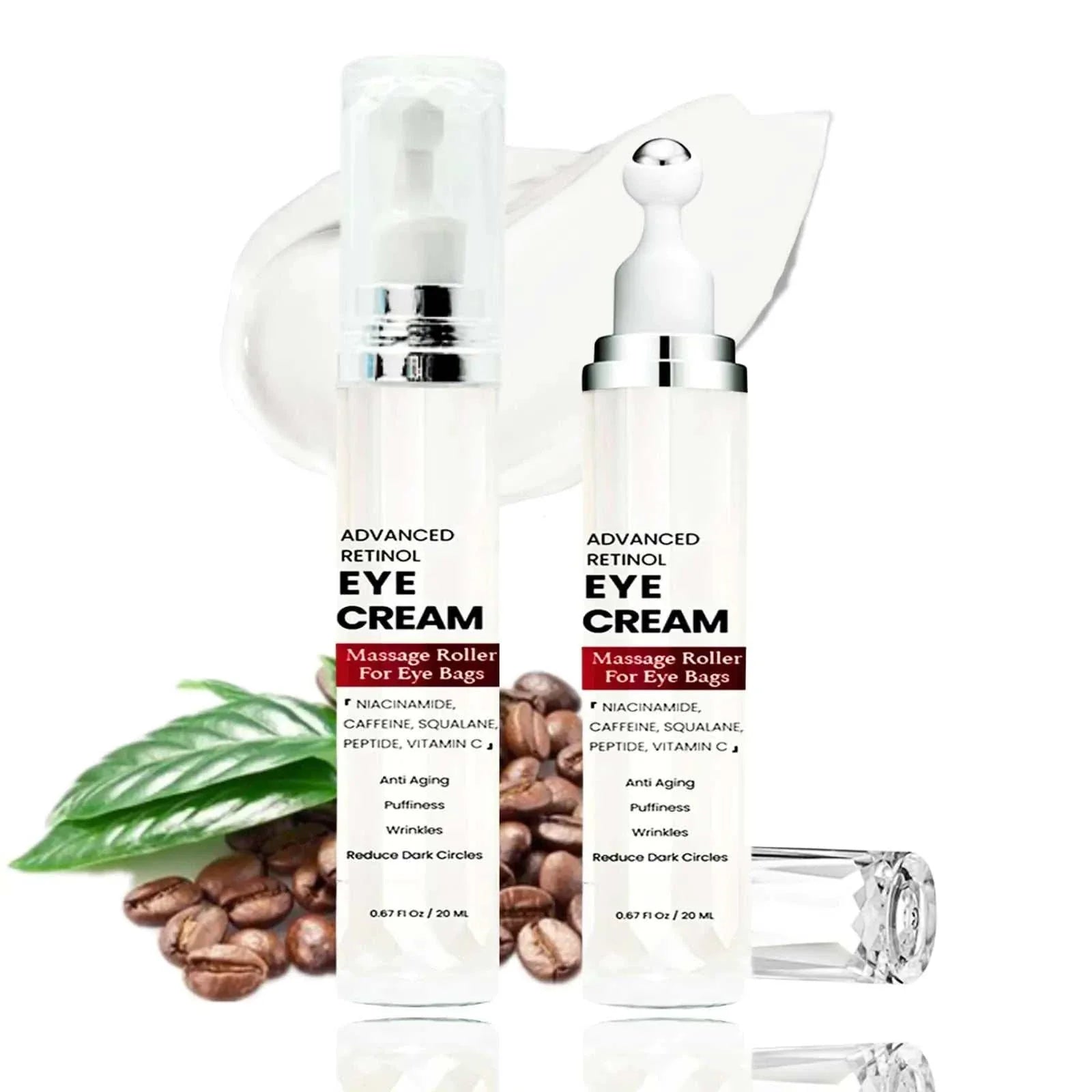 BrightEyes Retinol & Caffeine Cream with massage roller for reducing dark circles, puffiness, and wrinkles around eyes