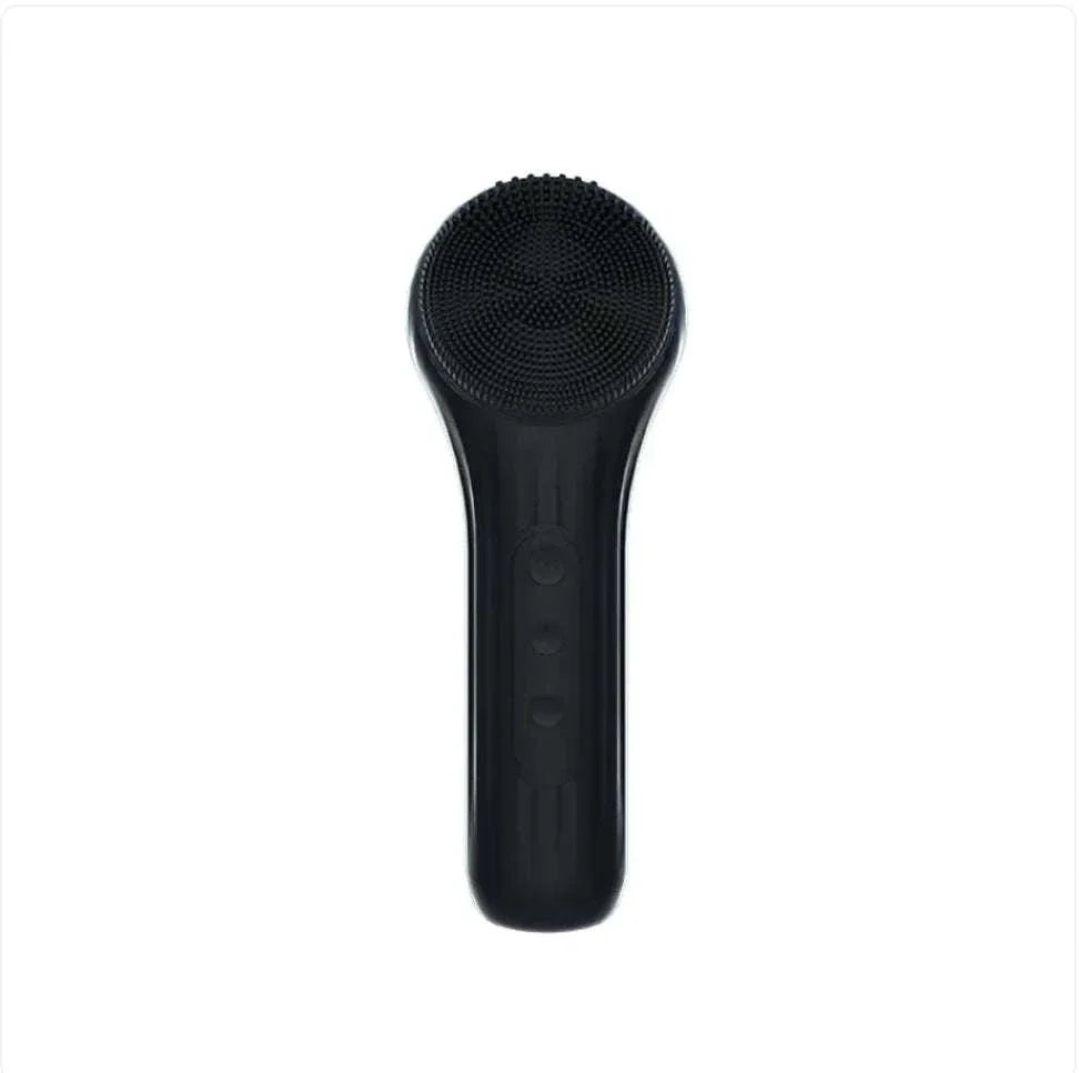 Black electric silicone face cleansing brush with ultrasonic vibration and adjustable speed settings