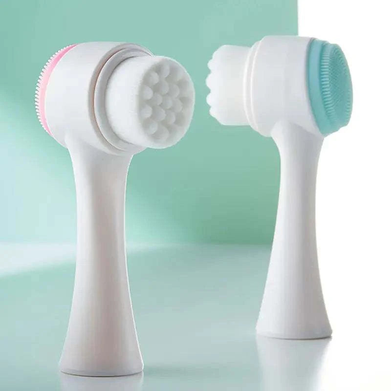 2-in-1 dual-sided facial cleansing brushes with soft bristle and silicone massage sides.