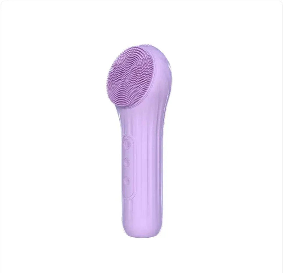 Electric silicone face cleansing brush in purple with ultrasonic vibration and adjustable speeds for deep facial cleaning