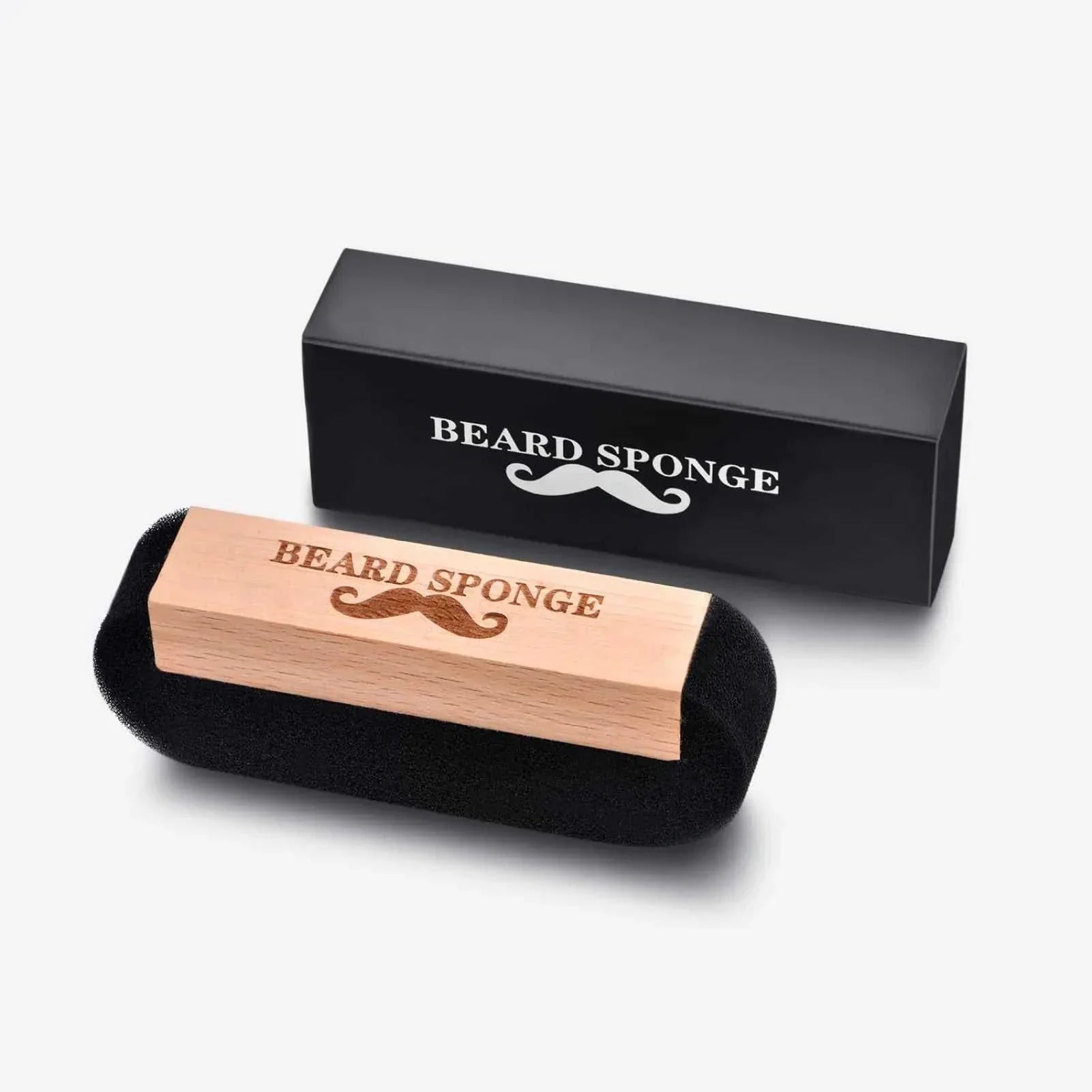 Beard Trim Sponge Catcher with wooden handle and black sponge for catching beard trimmings, shown with black branded box