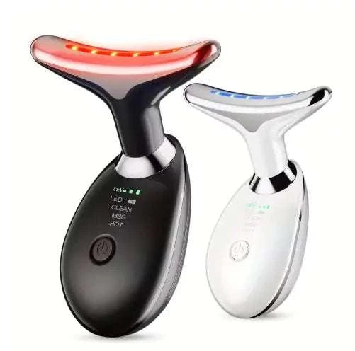 Neck and Face Massager with LED color therapy and ergonomic design.