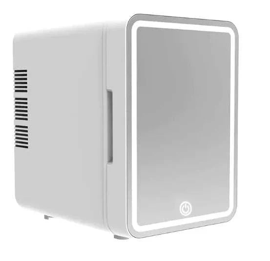 Glow Cooler Mini Fridge with LED light and mirror for skincare storage, compact white ABS design