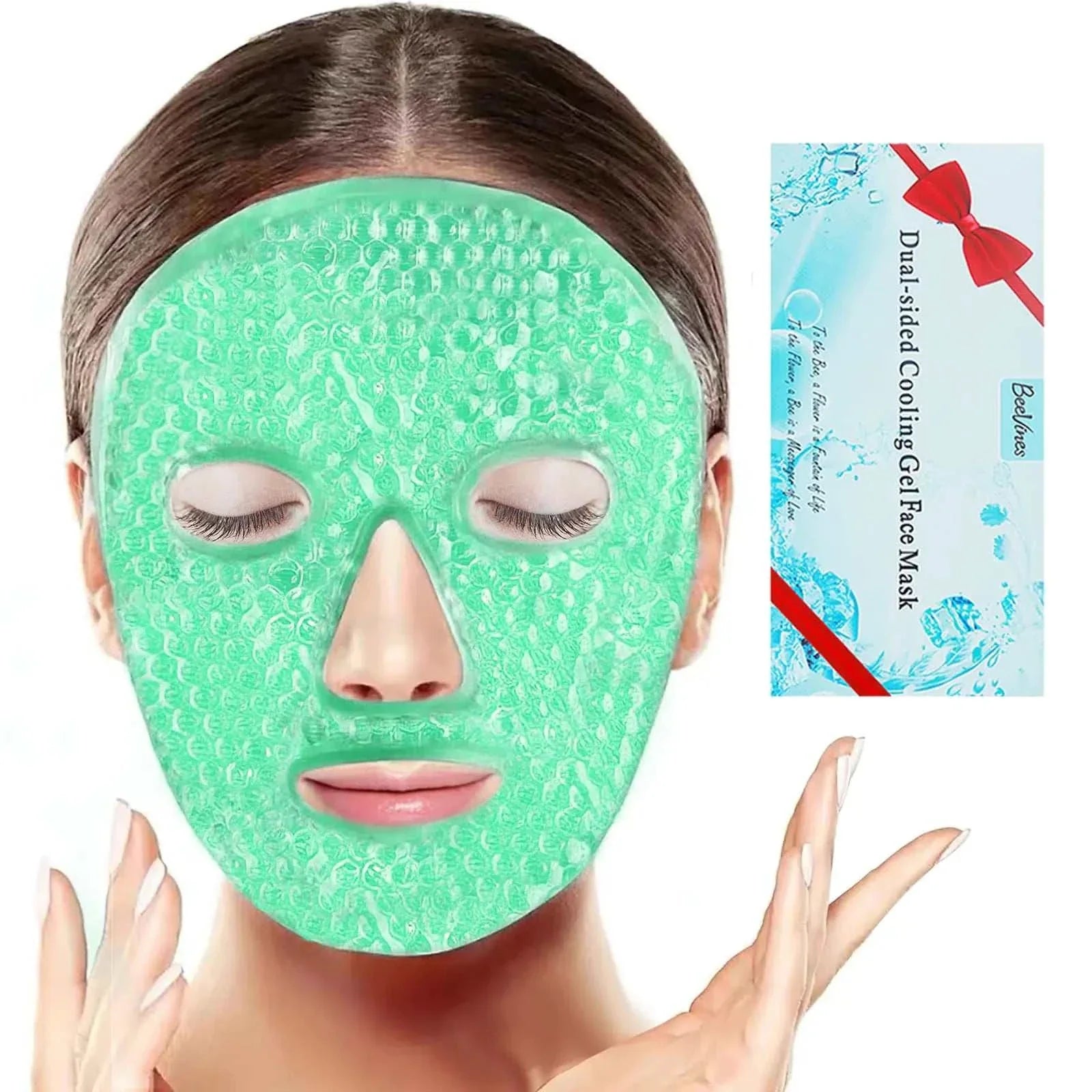 BeeVines Ice Face Mask green cooling gel pack for puffy eyes and dark circles with adjustable strap