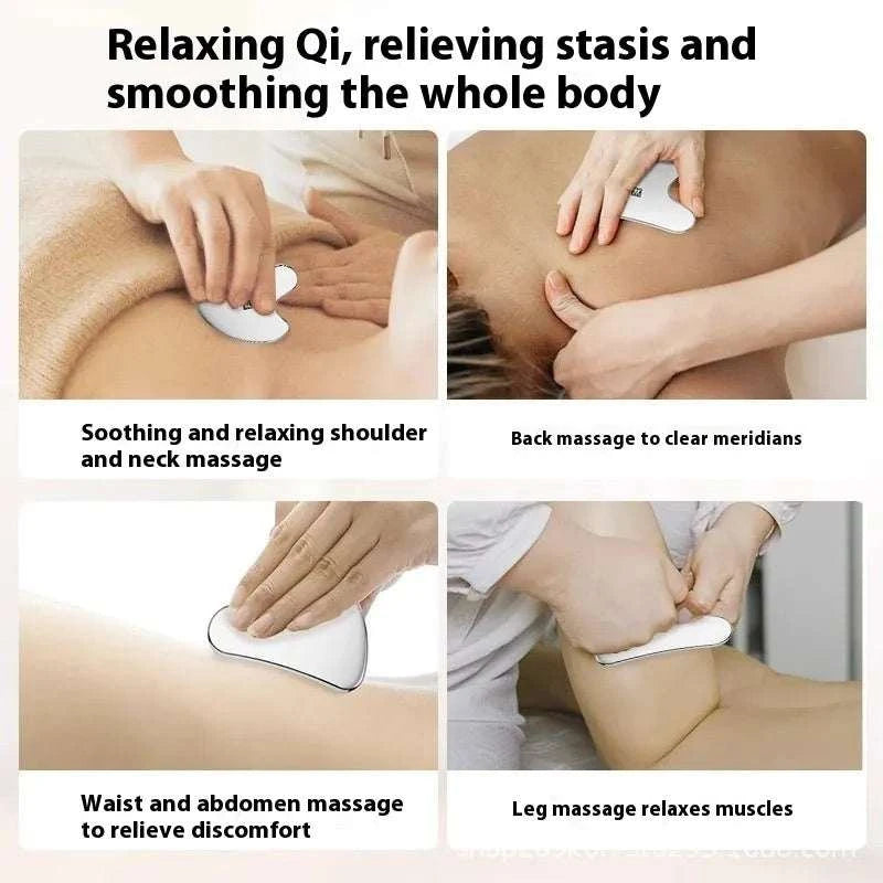 Heart-shaped stainless steel gua sha tool used for massages on shoulder, neck, back, waist, and legs.