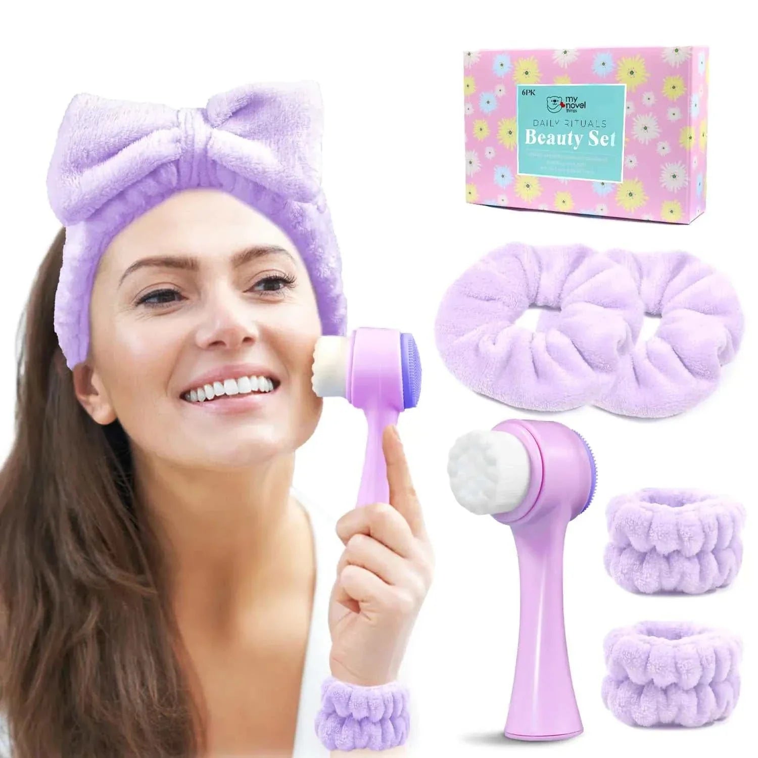 SpaStyle Skincare Set with purple facial brush, headband, scrunchies, and wristbands for skincare and hair care.