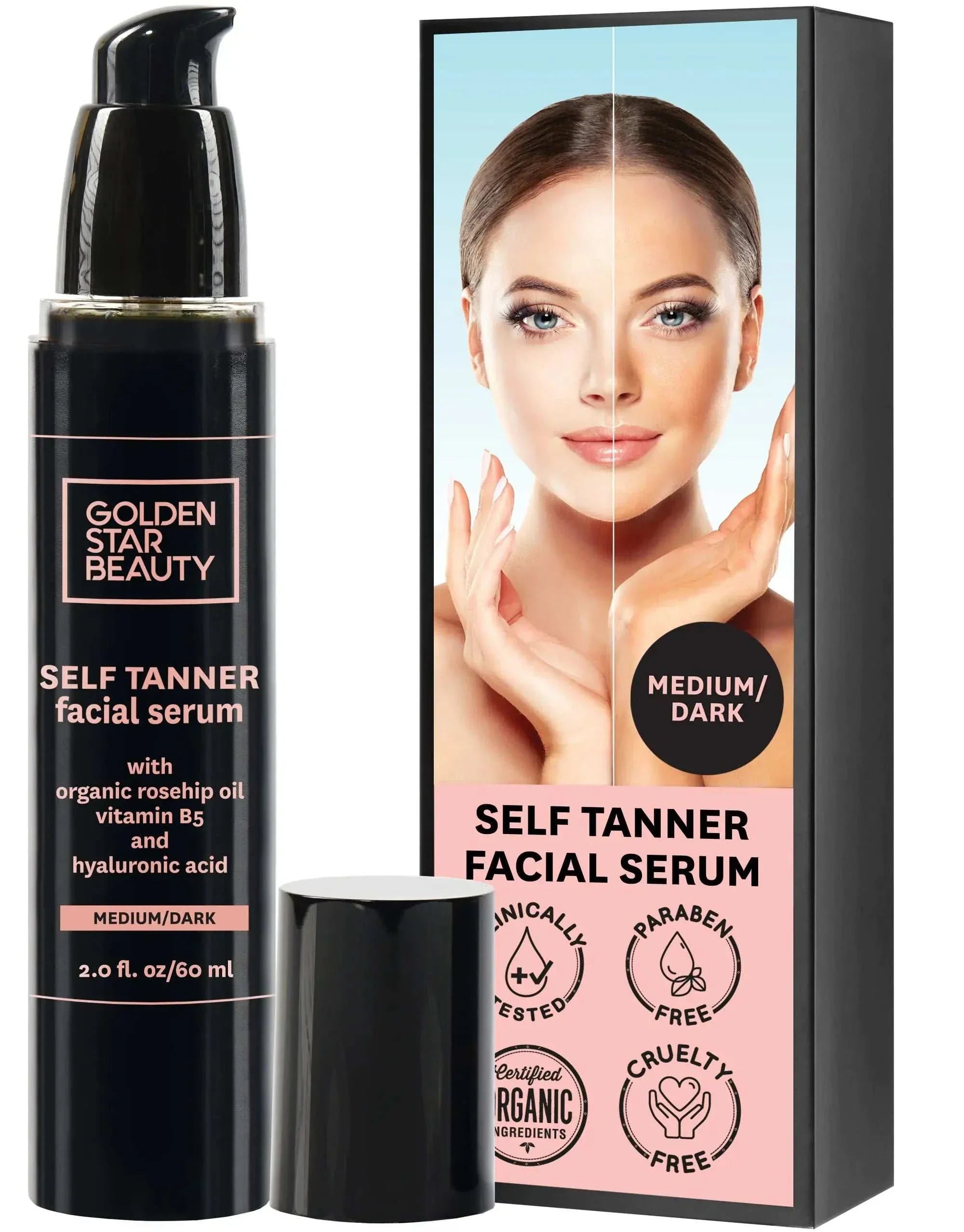 SunKissed Hydrating Self-Tan Serum bottle with packaging showing before and after facial tan results, medium/dark tone, organic and cruelty-free features
