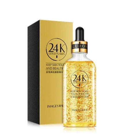 24K Gold Hyaluronic Rejuvenating Serum bottle with gold flakes and black gold-accented dropper next to gold and black packaging box