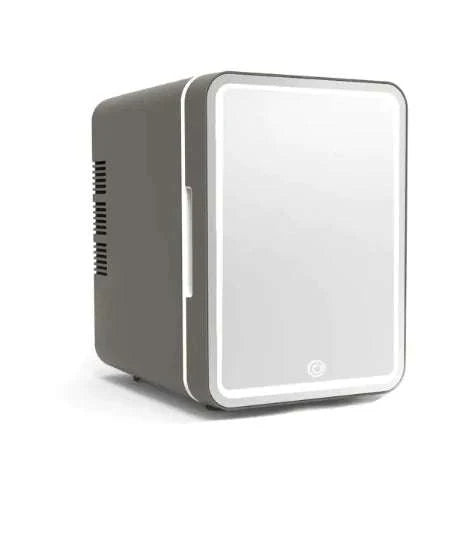 Glow Cooler Mini Fridge with built-in LED light and mirror, compact beauty fridge for skincare and makeup storage in white color