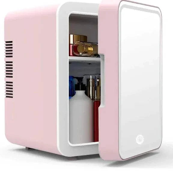 Glow Cooler Mini Fridge in pink with LED light and mirror for skincare and makeup storage