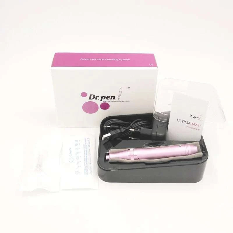 Derma Microneedling Pen Dr.Pen M7-C kit with 12-pin needle cartridges and ergonomic design for home skincare.