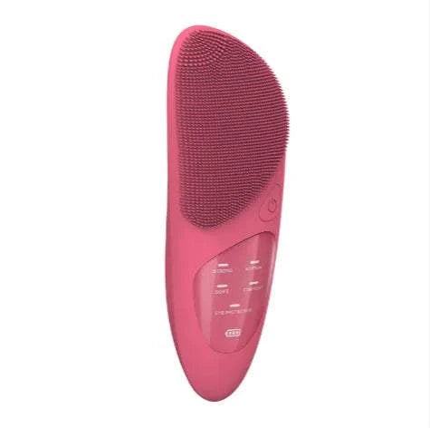 Pink thermal facial cleansing brush with soft silicone bristles and multiple heat settings