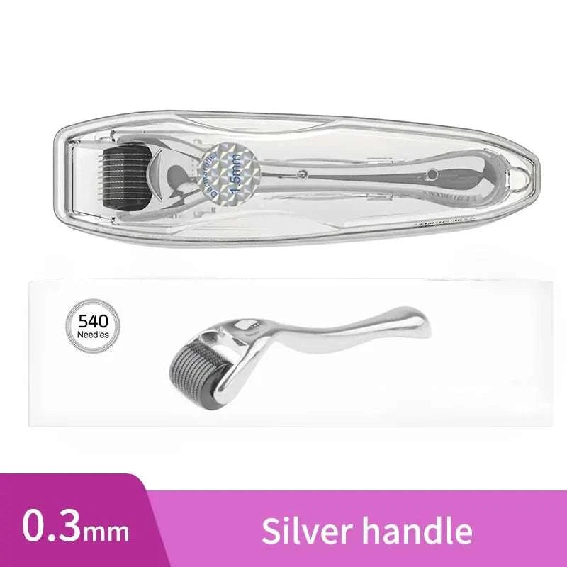 Derma Roller Skin Care with silver handle, 0.3mm, 540 needles, enhances collagen production and promotes smoother skin.