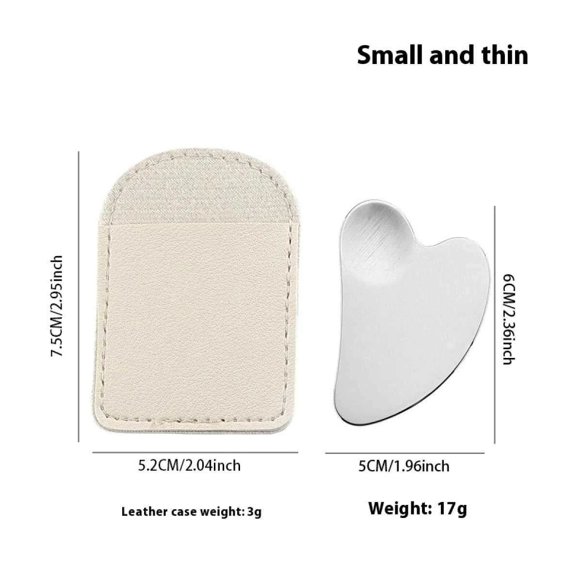 Heart-Shaped Stainless Steel Gua Sha tool with leather case, ergonomic design, compact and portable.
