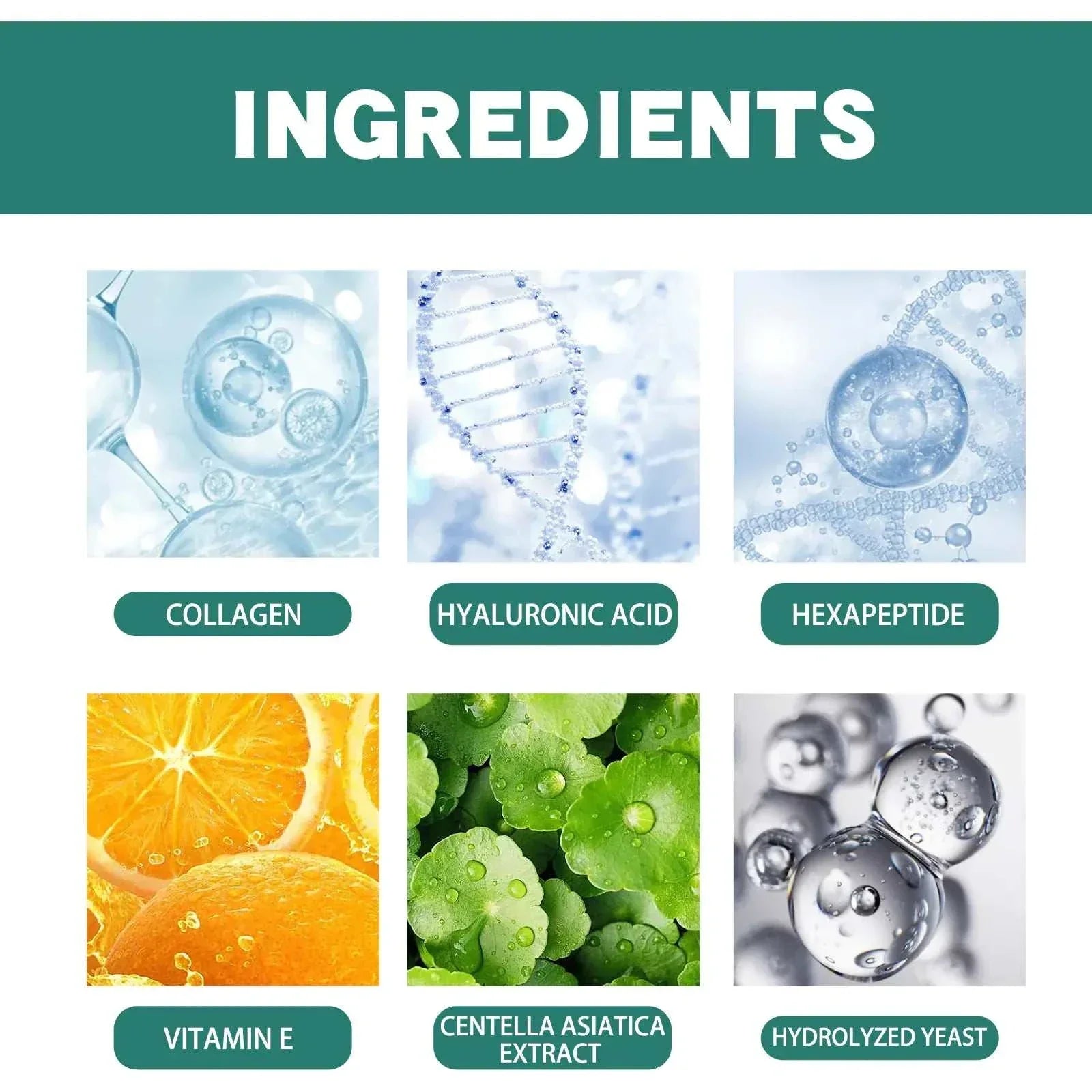 Collagen Soluble Eye Mask ingredients including collagen, hyaluronic acid, hexapeptide, vitamin E, centella asiatica, and hydrolyzed yeast.