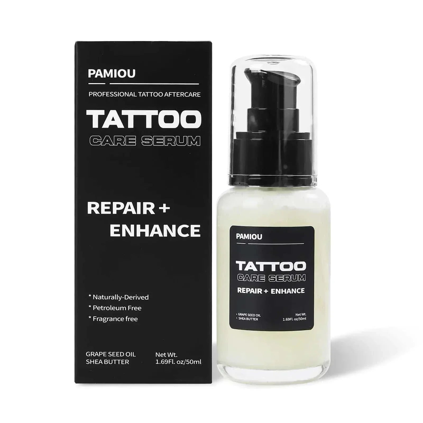 Fresh Ink Tattoo Aftercare Serum bottle and black box with repair and enhance text for tattoo skin healing