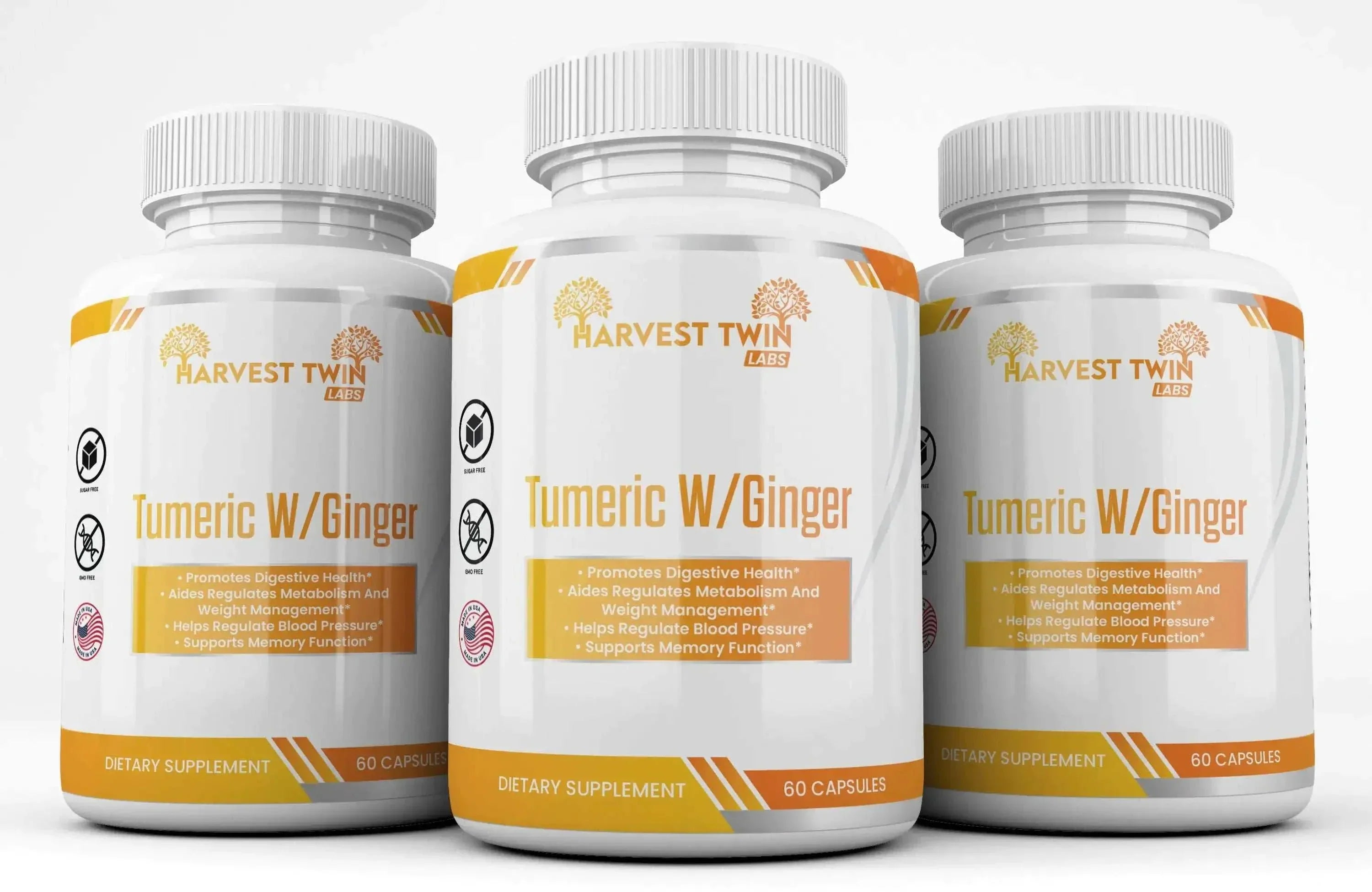 Harvest Twin Labs Turmeric & Ginger Duo dietary supplement bottles promoting digestive health and memory support