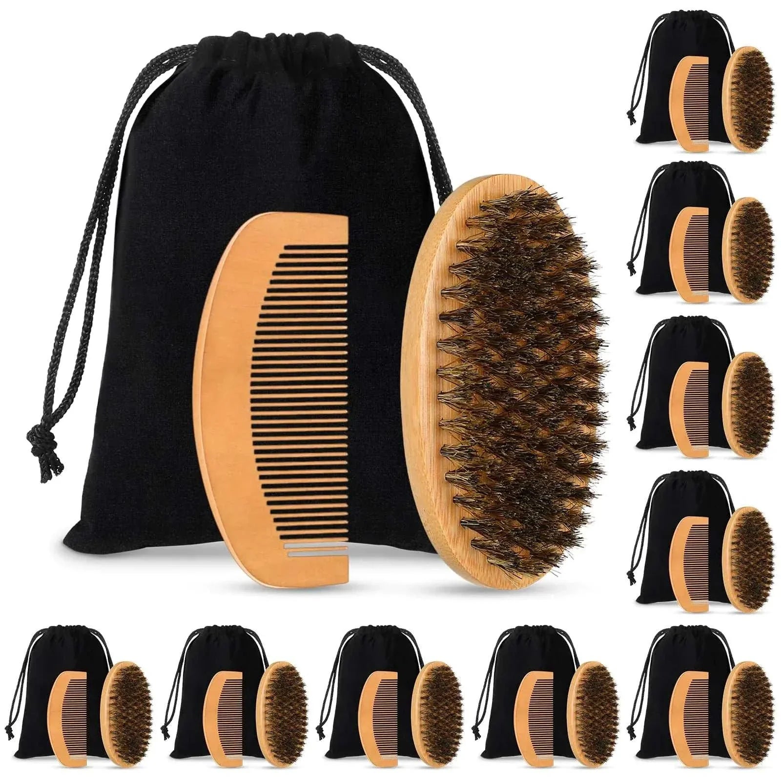 Men's beard grooming kits with natural boar bristle brush, pear wood comb, and black drawstring pouch, 10-piece set for smooth beard care