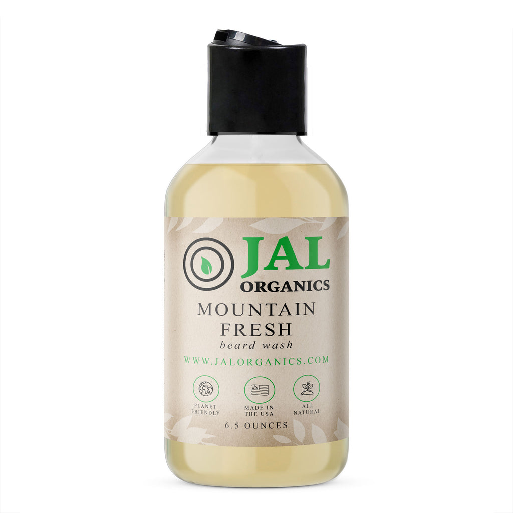 JAL Organics Mountain Fresh Beard Wash with a woodsy and masculine outdoorsman type blend of pure essential oils including lavender, lemongrass, palmarosa, cedarwood, geranium and sage. 