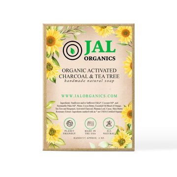 JAL Organics Organic Activated Charcoal & Tea Tree Handmade Soap in box. 