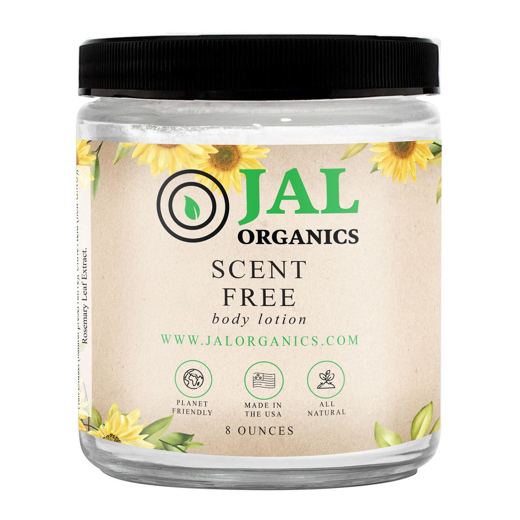 JAL Organics Scent Free Body Lotion with natural preservatives. 
