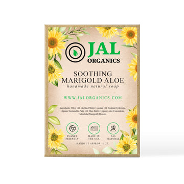 JAL Organics Soothing Marigold Aloe Handmade Soap in box. 
